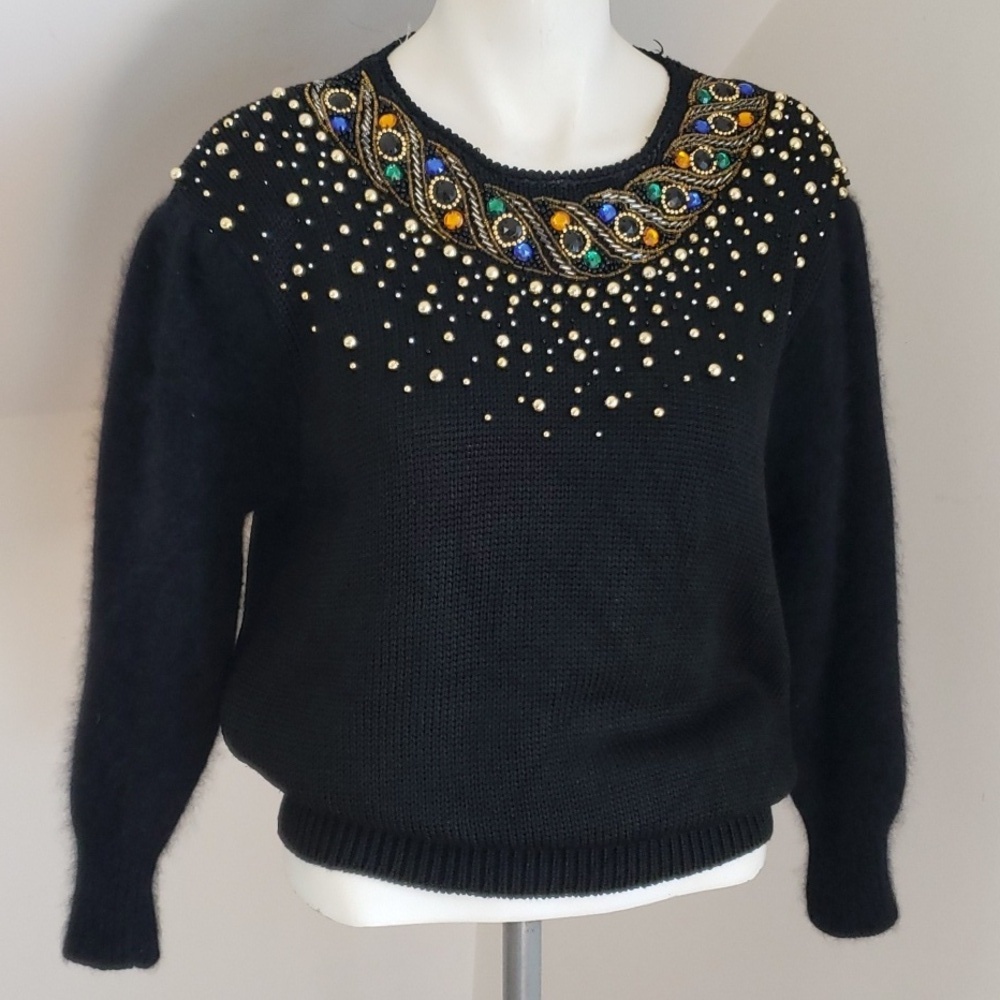 Vintage Kamiran Black multi-color beaded 3/4-sleeve knit sweater, Size L